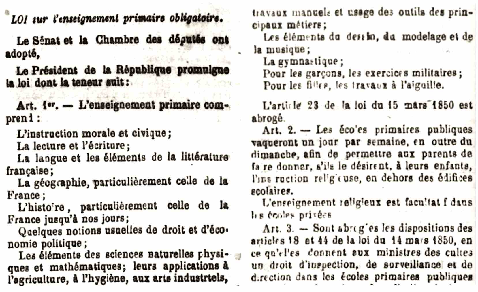 Illustration : début de la loi du 28 mars 1882 sur l'enseignement primaire obligatoire (Journal Officiel du même jour).