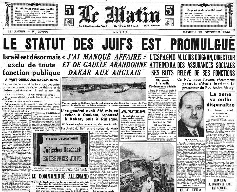 Le Matin, Statut des Juifs, 1940