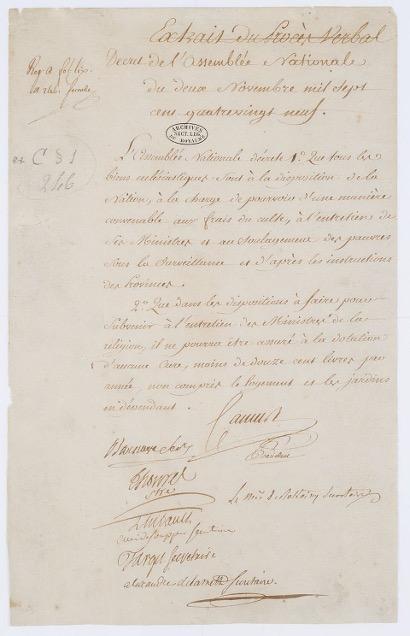 Décret 2 novembre 1789 nationalisation biens ecclésiastiques