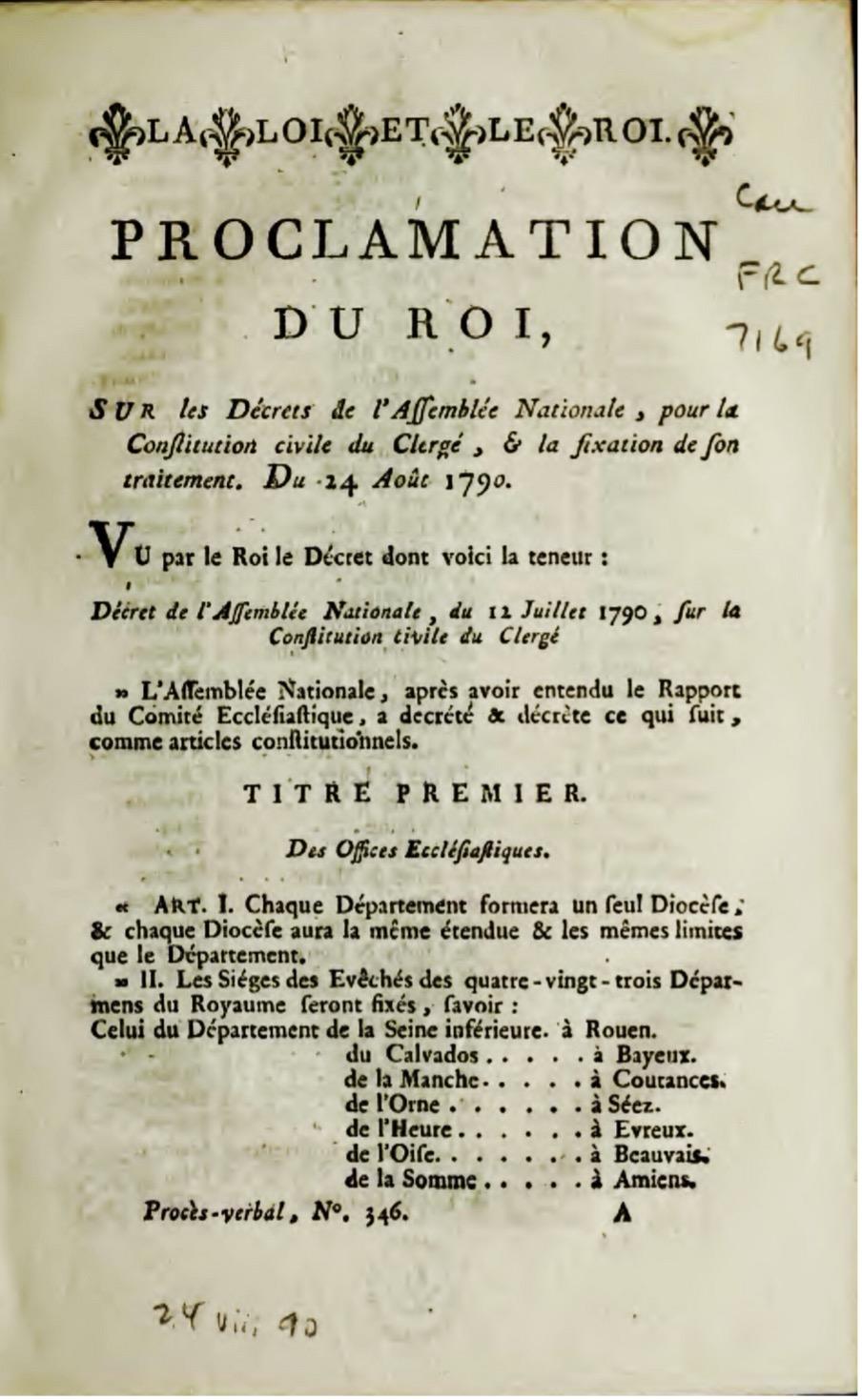Décret 12 juillet 1790 sur la constitution civile du clergé