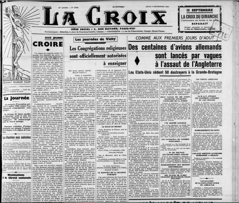 La Croix, loi 1940 congrégations